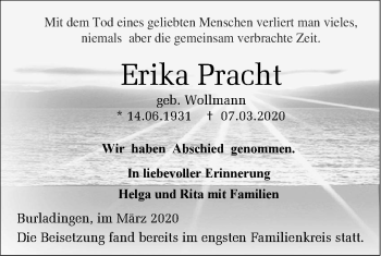 Traueranzeige von Erika Pracht von Hohenzollerische Zeitung