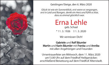 Traueranzeige von Erna Lehle von Geislinger Zeitung
