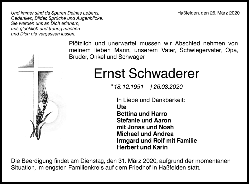  Traueranzeige für Ernst Schwaderer vom 28.03.2020 aus Haller Tagblatt