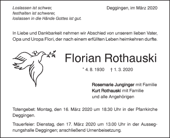 Traueranzeige von Florian Rothauski von Geislinger Zeitung