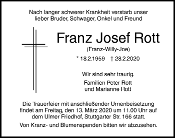 Traueranzeige von Franz Josef Rott von SÜDWEST PRESSE Ausgabe Ulm/Neu-Ulm