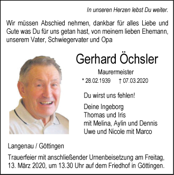 Traueranzeige von Gerhard Öchsler von SÜDWEST PRESSE Ausgabe Ulm/Neu-Ulm