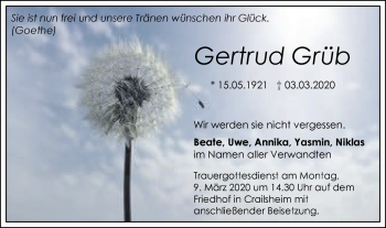 Traueranzeige von Gertrud Grüb von Hohenloher Tagblatt