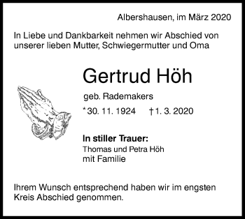 Traueranzeige von Gertrud Höh von NWZ Neue Württembergische Zeitung