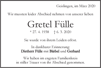 Traueranzeige von Gretel Fülle von Geislinger Zeitung