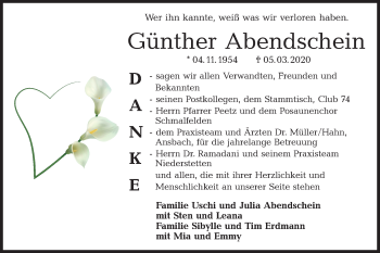 Traueranzeige von Günther Abendschein von Hohenloher Tagblatt