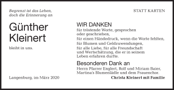 Traueranzeige von Günther Kleinert von Hohenloher Tagblatt