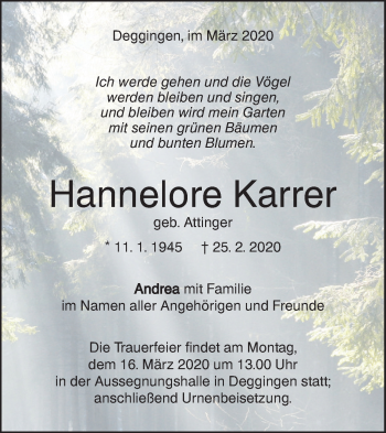 Traueranzeige von Hannelore Karrer von Geislinger Zeitung