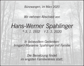Traueranzeige von Hans-Werner Spahlinger von NWZ Neue Württembergische Zeitung