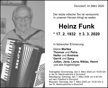 Traueranzeige von Heinz Funk von NWZ Neue Württembergische Zeitung
