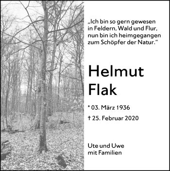 Traueranzeige von Helmut Flak von SÜDWEST PRESSE Ausgabe Ulm/Neu-Ulm