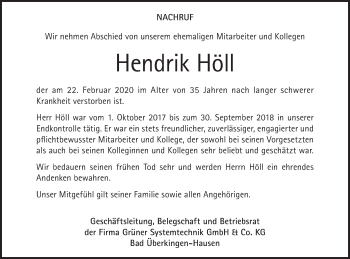 Traueranzeige von Hendrik Höll von Geislinger Zeitung