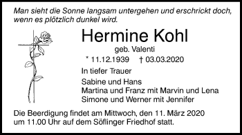 Traueranzeige von Hermine Kohl von SÜDWEST PRESSE Ausgabe Ulm/Neu-Ulm