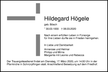Traueranzeige von Hildegard Högele von SÜDWEST PRESSE Ausgabe Ulm/Neu-Ulm