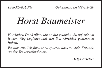 Traueranzeige von Horst Baumeister von Geislinger Zeitung