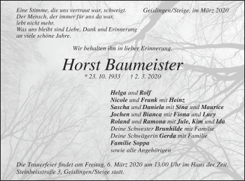 Traueranzeige von Horst Baumeister von Geislinger Zeitung
