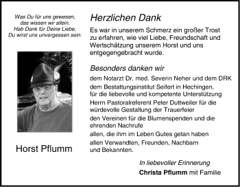 Traueranzeige von Horst Pflumm von Hohenzollerische Zeitung