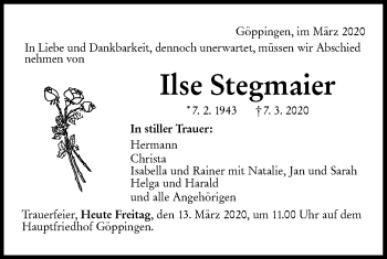 Traueranzeige von Ilse Stegmaier von NWZ Neue Württembergische Zeitung
