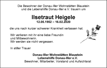 Traueranzeige von Ilsetraut Heigele von SÜDWEST PRESSE Ausgabe Ulm/Neu-Ulm