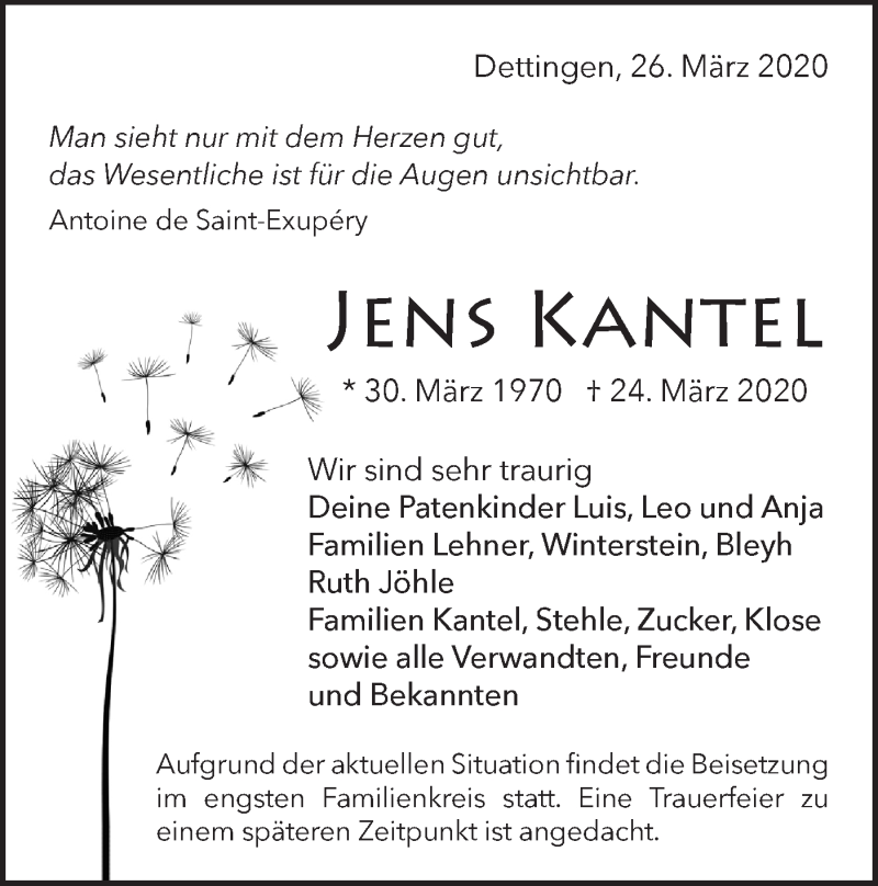  Traueranzeige für Jens Kantel vom 26.03.2020 aus Metzinger-Uracher Volksblatt