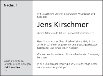 Traueranzeige von Jens Kirschmer von SÜDWEST PRESSE Ausgabe Ulm/Neu-Ulm