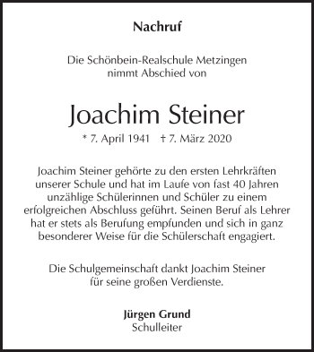 Traueranzeige von Joachim Steiner von Metzinger-Uracher Volksblatt