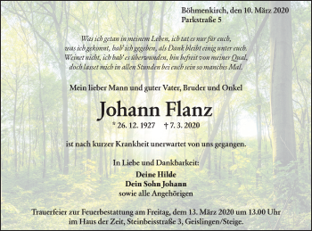 Traueranzeige von Johann Flanz von Geislinger Zeitung
