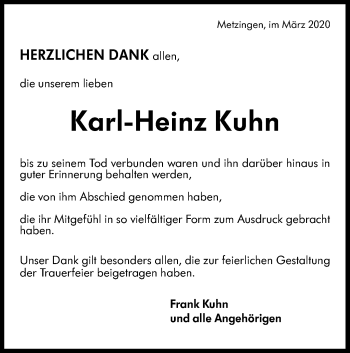 Traueranzeige von Karl-Heinz Kuhn von Metzinger-Uracher Volksblatt