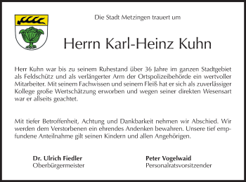 Traueranzeige von Karl-Heinz Kuhn von Metzinger-Uracher Volksblatt