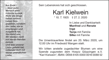 Traueranzeige von Karl Kielwein von NWZ Neue Württembergische Zeitung