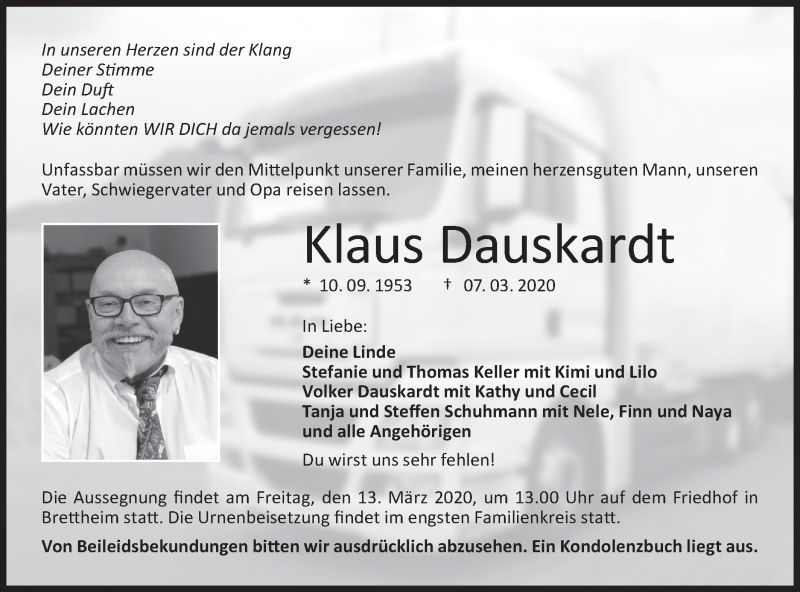 Traueranzeige für Klaus Dauskardt vom 11.03.2020 aus Hohenloher Tagblatt