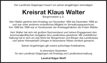 Traueranzeige von Klaus Walter von NWZ Neue Württembergische Zeitung/Geislinger Zeitung