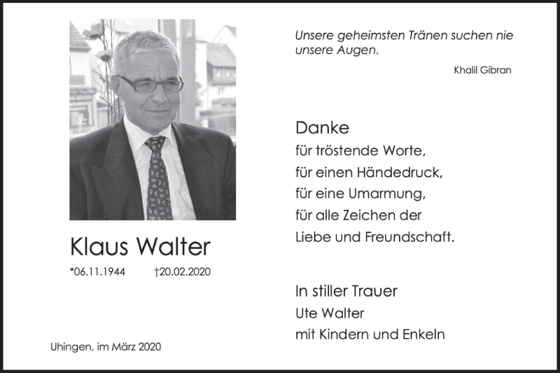  Traueranzeige für Klaus Walter vom 10.03.2020 aus NWZ Neue Württembergische Zeitung