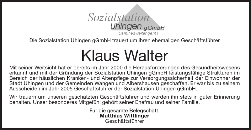  Traueranzeige für Klaus Walter vom 03.03.2020 aus NWZ Neue Württembergische Zeitung