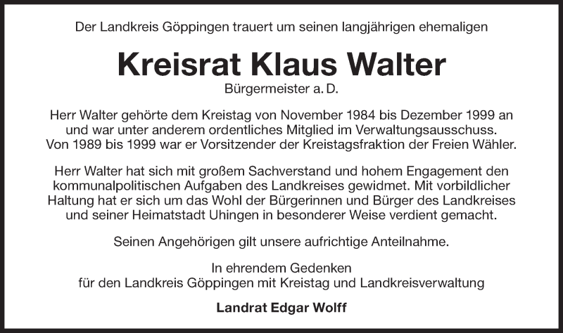  Traueranzeige für Klaus Walter vom 03.03.2020 aus NWZ Neue Württembergische Zeitung/Geislinger Zeitung