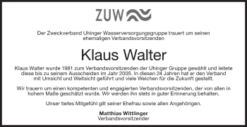 Traueranzeige von Klaus Walter von NWZ Neue Württembergische Zeitung