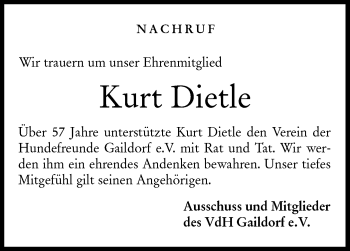 Traueranzeige von Kurt Dietle von Rundschau Gaildorf