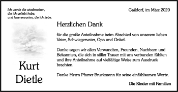 Traueranzeige von Kurt Dietle von Rundschau Gaildorf