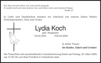 Traueranzeige von Lydia Koch von Hohenloher Tagblatt