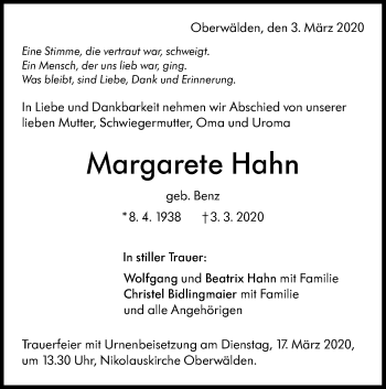 Traueranzeige von Margarete Hahn von NWZ Neue Württembergische Zeitung