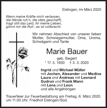 Traueranzeige von Marie Bauer von NWZ Neue Württembergische Zeitung