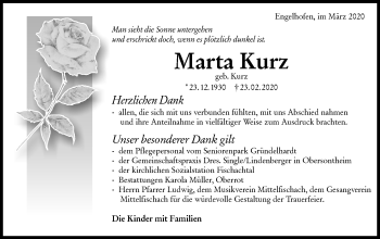 Traueranzeige von Marta Kurz von Haller Tagblatt