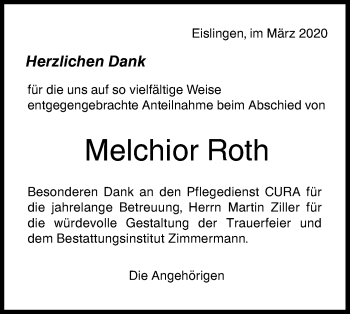 Traueranzeige von Melchior Roth von NWZ Neue Württembergische Zeitung