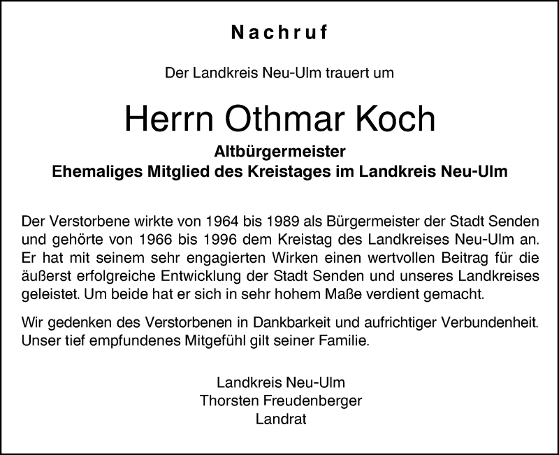  Traueranzeige für Othmar Koch vom 10.03.2020 aus SÜDWEST PRESSE Ausgabe Ulm/Neu-Ulm