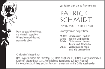 Traueranzeige von Patrick Schmidt von Hohenloher Tagblatt