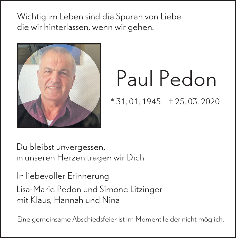  Traueranzeige für Paul Pedon vom 28.03.2020 aus SÜDWEST PRESSE Ausgabe Ulm/Neu-Ulm