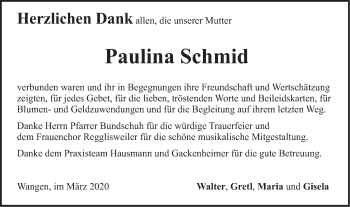 Traueranzeige von Paulina Schmid von Illertal Bote