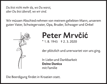 Traueranzeige von Peter Mrvcic von Ehinger Tagblatt