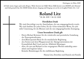 Traueranzeige von Roland Litz von Metzinger-Uracher Volksblatt