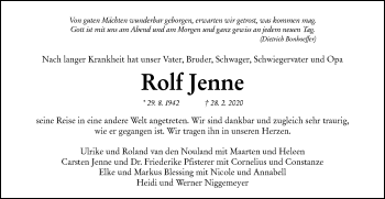 Traueranzeige von Rolf Jenne von NWZ Neue Württembergische Zeitung